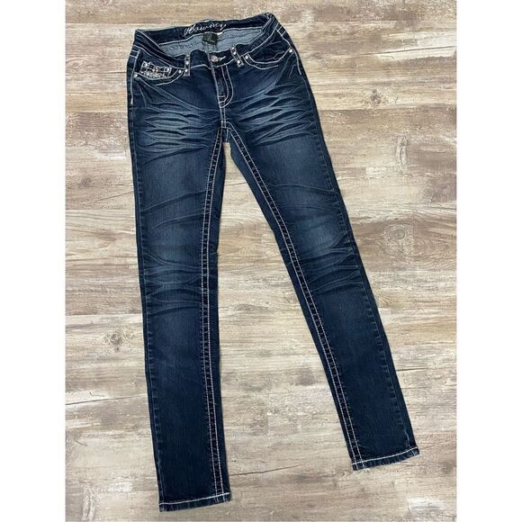 Howmy Jeans Skinny Stretch Whiskered Dark Wash Embellished Women’s Junior’s Sz 3 - Picture 1 of 7
